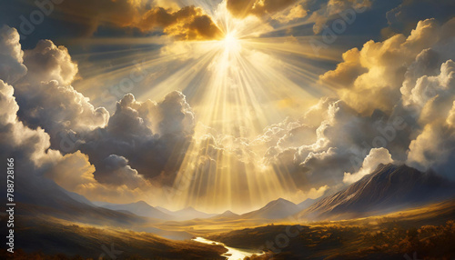 golden clouds parting with radiant sunbeams, evoking serenity and spiritual enlightenment