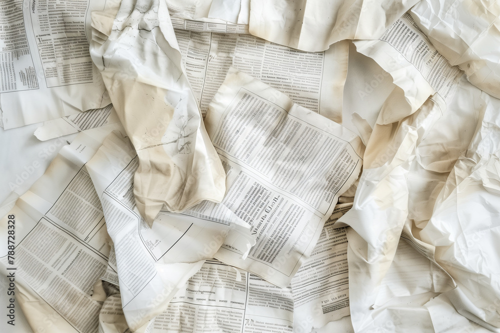 Obraz premium texture and detail of old newspapers piled together, against a pristine white background, evoking memories of bygone eras and historical events.