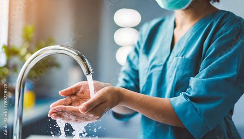 Surgeon's hands under tap, prepping for OR. Cleanliness and sterility emphasized photo