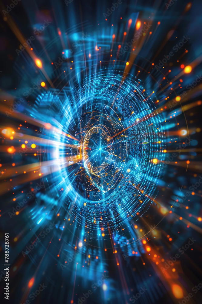 A digital representation of a science fiction-inspired hyperspace tunnel with swirling blue lights and particles