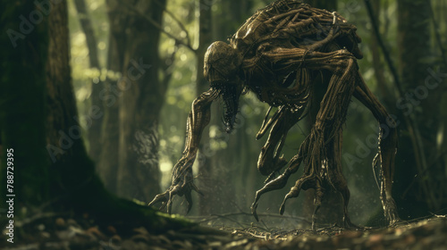 A strange and eerie creature makes its way through a dense forest filled with towering trees