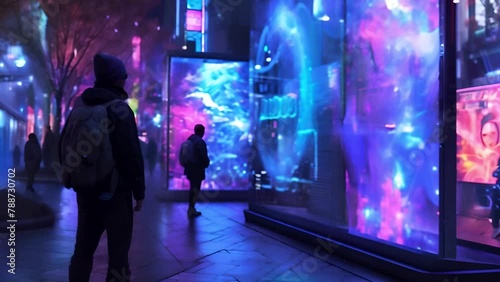 Man watching a bright neon illuminated digital display on a futuristic city street at night photo
