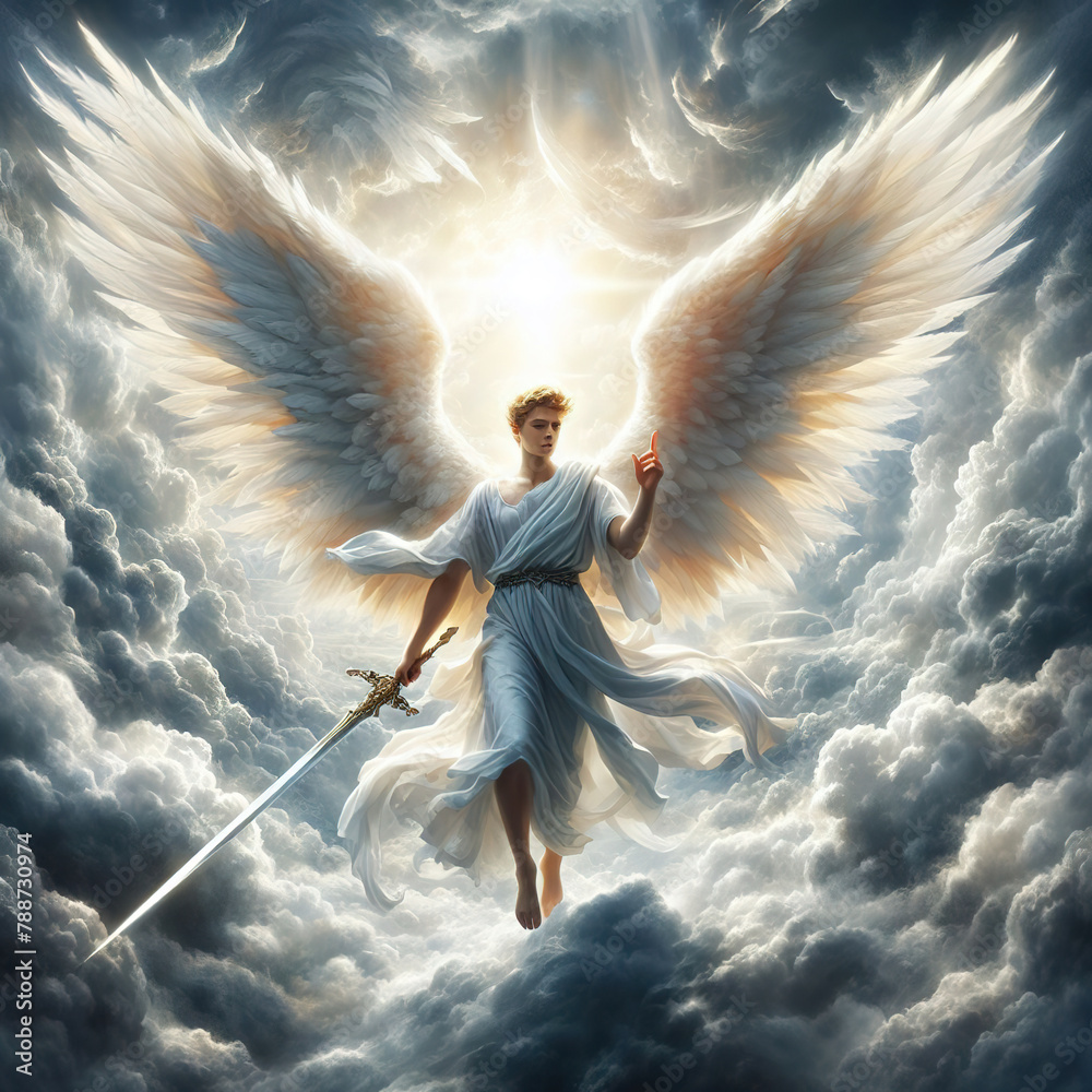 The shining angel with a sword in hand In the heavens on clouds