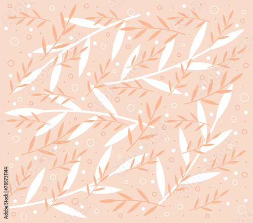 Seamless pattern with branches and leaves on a peach color background.