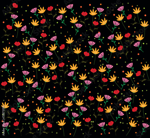Seamless pattern with colorful flowers and hearts on a black background