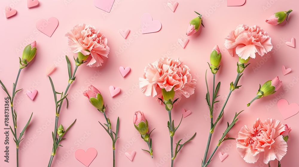 Celebrate Mother s Day with a stunning flat lay composition featuring vibrant carnation flowers delicate pink paper hearts all set against a soft pastel pink backdrop Personalize it with yo