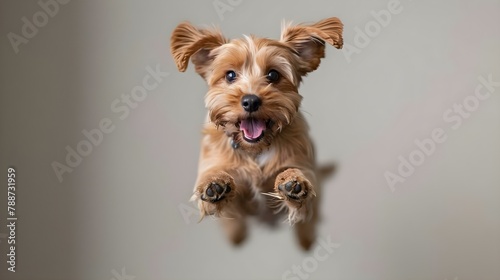 Joyful Pup Leap: Grace & Vitality Captured. Concept Pets, Joyful Moments, Animal Photography, Leaping Actions, Energetic Poses photo