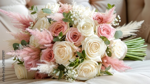  A white bed holds a bouquet of pink and white flowers In the background  a person sits in a chair