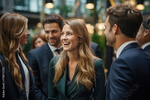 A young  smiling woman in a business suit is talking to her colleagues