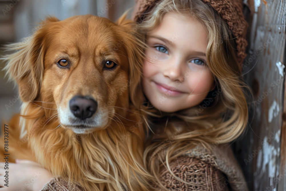 The young girl tenderly embraces the puppy