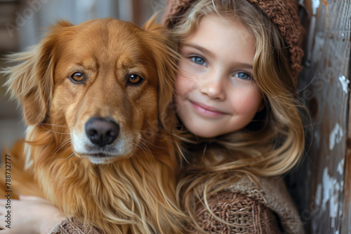 The young girl tenderly embraces the puppy