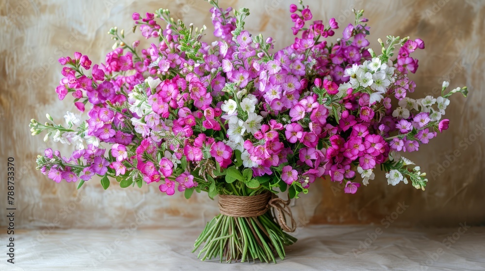 A bouquet of purple and white flowers in a vase with twist ties A bouquet of purple and white flowers in a vase with twist ties