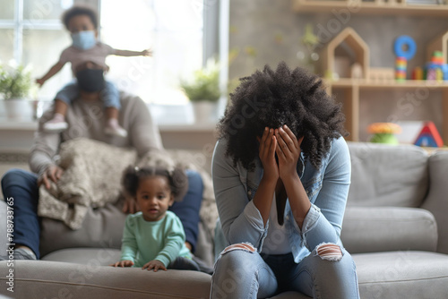 Overwhelmed mother with children at home, highlighting family stress and mental health. Design for support services, educational material.