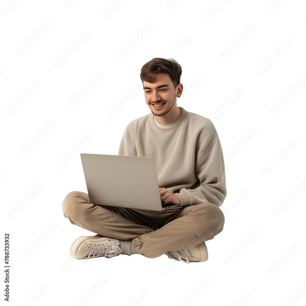 Young man sitting cross-legged using laptop with a smile Young man sitting cross-legged using laptop with a smile