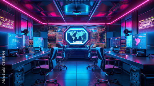 Cybersecurity Center with geometric displays, futuristic command center, monitoring and strategy