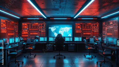A lone analyst in the cybersecurity operating room, red diffused light, the concept of digital vigilance photo