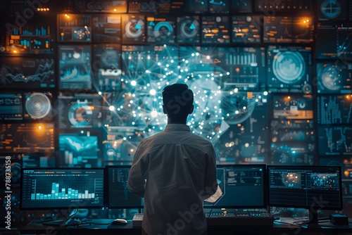 Man in Control Room Monitoring Neural Network Data Analysis