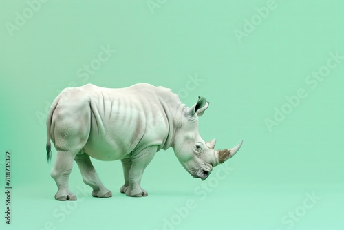 white rhino on a mint green background with copy space for Endangered Species Day