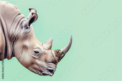 white rhino on a mint green background with copy space for Endangered Species Day