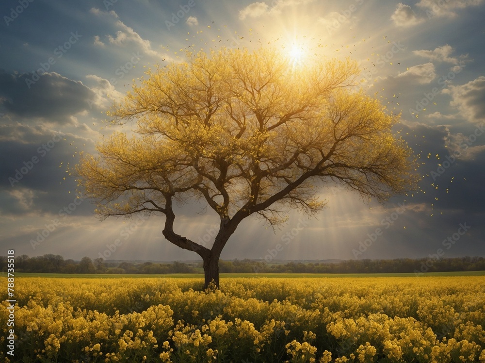 Lone tree with sprawling branches, vibrant yellow leaves stands majestically amidst field of blooming yellow flowers, bathed in golden rays of sun that pierce through scattered clouds in sky.