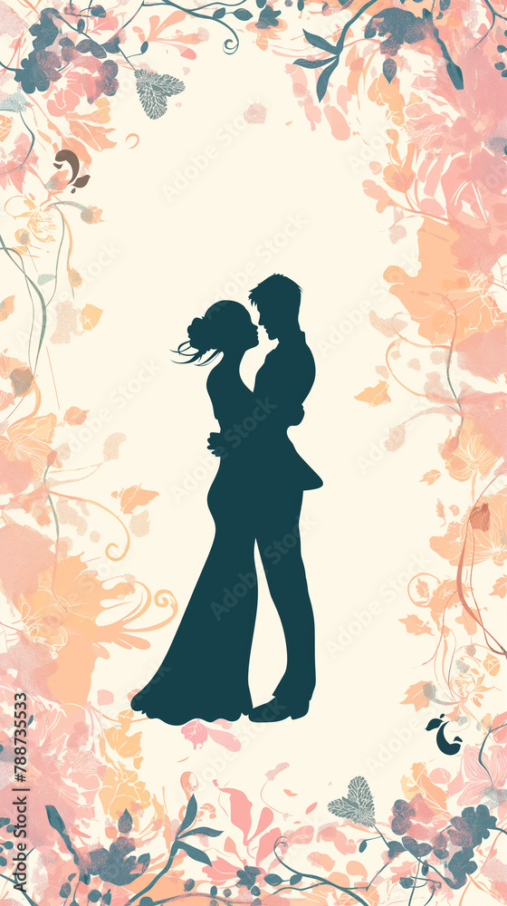 Elegant couple silhouette surrounded by delicate spring flowers, great for wedding stationery or event posters Elegant couple silhouette surrounded by delicate spring flowers, great for wedding stationery or event posters