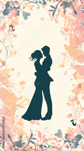 Elegant couple silhouette surrounded by delicate spring flowers  great for wedding stationery or event posters
