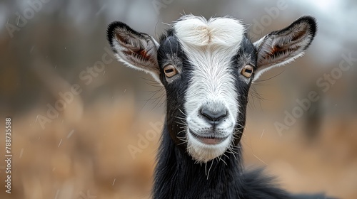 A close-up view of a goat with a blurry background.