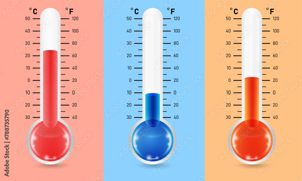 set of three thermometer vector icon design, flat style vector thermometers illustration. set of three thermometer vector icon design, flat style vector thermometers illustration.