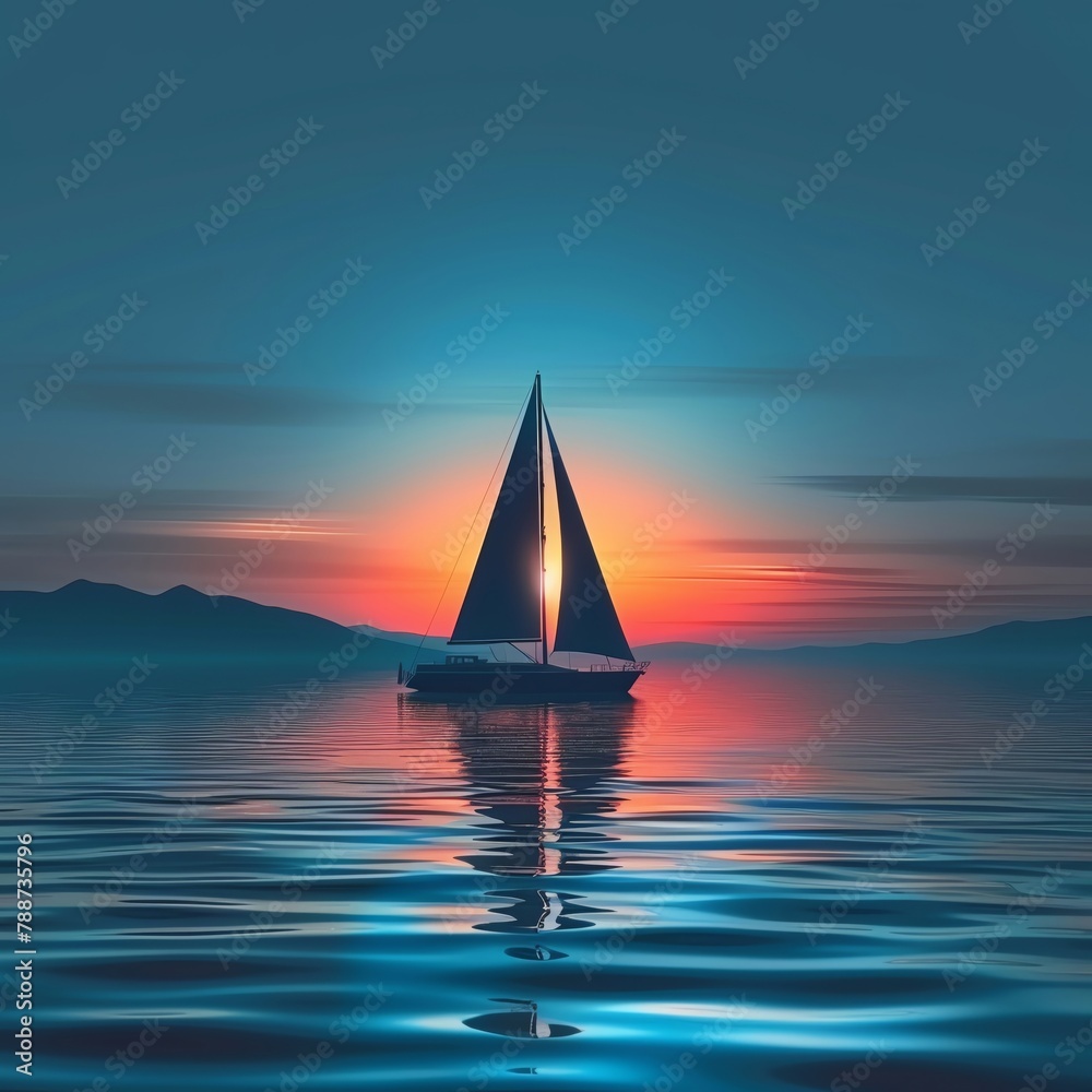 Sunset sailing on a calm lake, tranquil, wide angle, peaceful, water