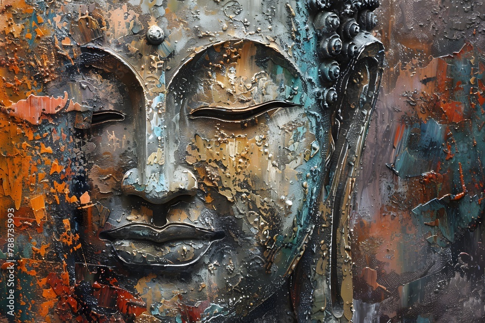 Close-Up Detail of Buddha Oil Painting in Serene Composition Close-Up Detail of Buddha Oil Painting in Serene Composition