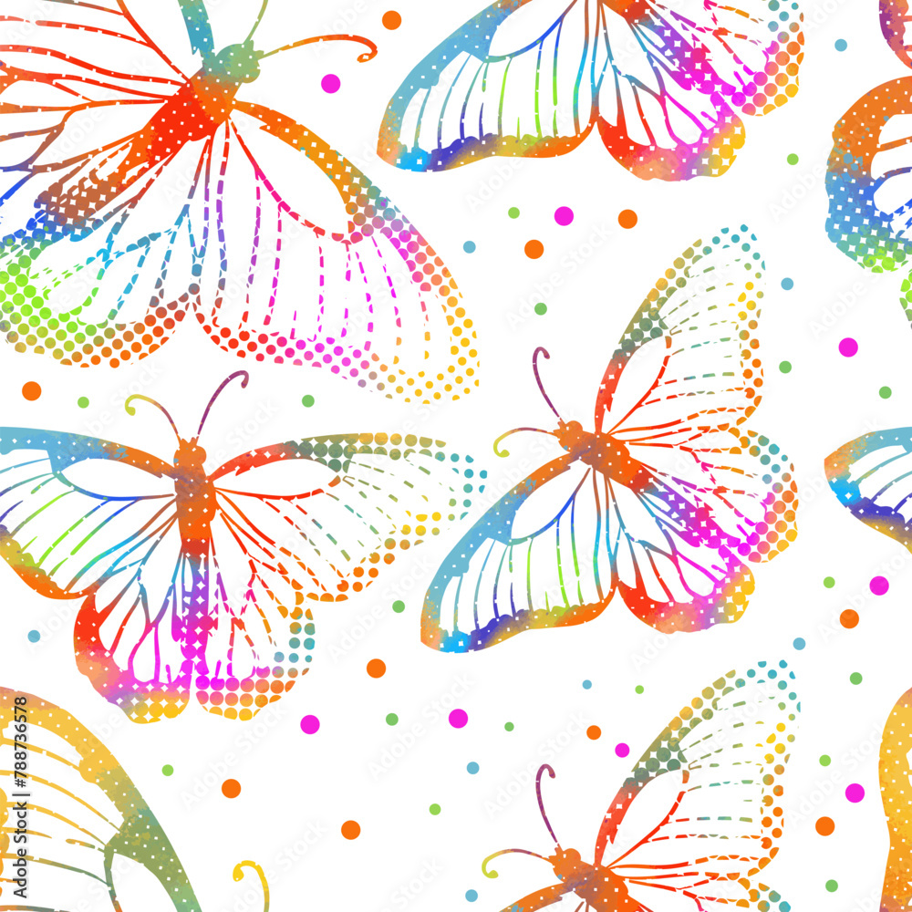 A seamless background with colored butterflies. hand drawing. Not AI, Vintage background. Vector illustration. - obrazy, fototapety, plakaty 