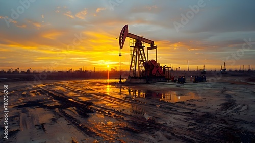Sunset Symphony Over Oilfield Pump. Concept Landscape Photography, Sunset Silhouettes, Industrial Beauty, Dramatic Skies, Oilfield Views