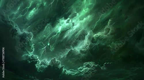 Dunkle Gewitterwolken, grüne Blitze im Himmel, Nacht Gewitter, grüne Wolken, gelbe Wolken, Dunkler Nachthimmel mit Blitz und Donner, gelbe Blitze und Plasma in der Luft, Aufgeladene Wolken, Sterne