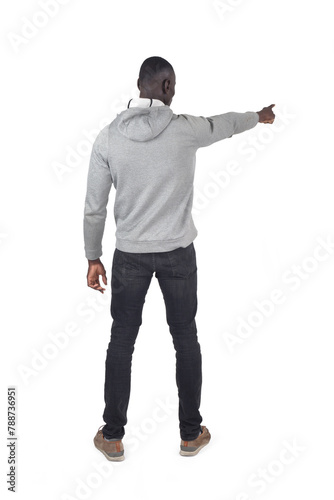 back view of a man pointing front on white background