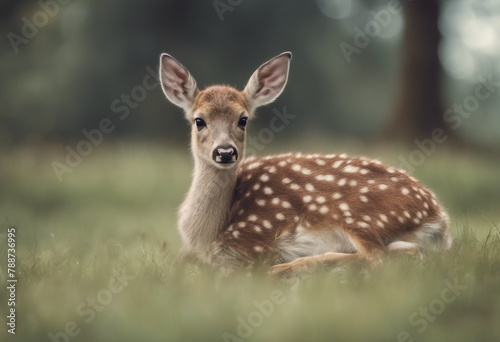 Fallow deer baby animal sitting in green grass