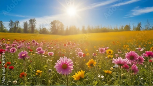 Meadow Magic: Flowers in Full Bloom under the Warm Sunlight