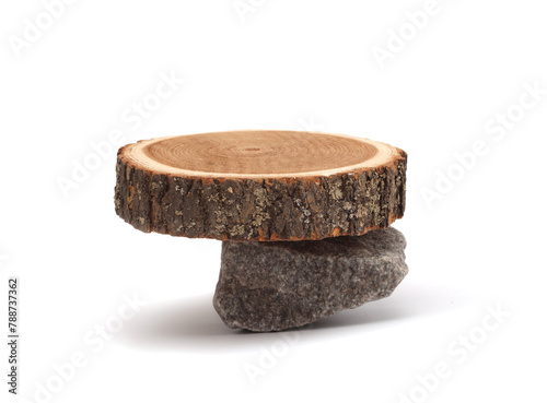 Wood circle stump, stonesplatform podium on white background. Minimal empty display product presentation scene.