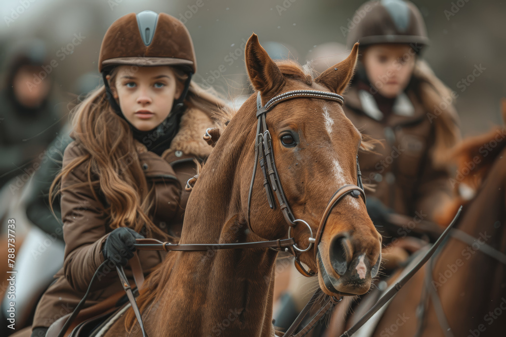 Joyful youngsters galloping on horseback in a riding arena, learning to control and communicate with their equine partners in youth equestrian lessons. Generative Ai. Joyful youngsters galloping on horseback in a riding arena, learning to control and communicate with their equine partners in youth equestrian lessons. Generative Ai.