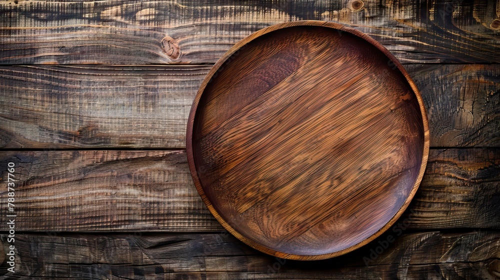 The brown wooden plate on a rustic table closeup. horizontal top view The brown wooden plate on a rustic table closeup. horizontal top view