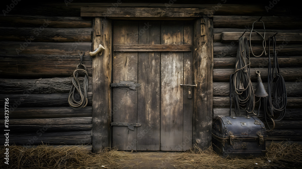 A rustic scene unfolds at this countryside barn's stable door, adorned with equestrian gear such as ropes and bridles, and an antique trunk. A rustic scene unfolds at this countryside barn's stable door, adorned with equestrian gear such as ropes and bridles, and an antique trunk.