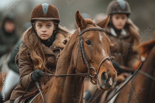 Joyful youngsters galloping on horseback in a riding arena, learning to control and communicate with their equine partners in youth equestrian lessons.  Generative Ai. © Sebastian