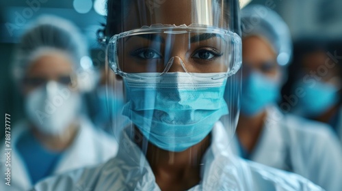 A depiction of a female doctor adorned with protective attire, including a face shield, illustrating the challenges faced while working in environments prone to increased infection risks photo