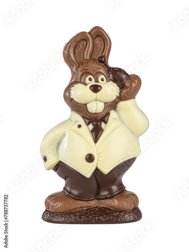 chocolate hare in a suit with bell in his paw a handmade on a white background