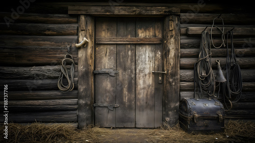 A rustic scene unfolds at this countryside barn's stable door, adorned with equestrian gear such as ropes and bridles, and an antique trunk. photo