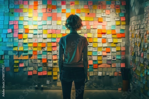 A scene portrays a young woman standing beside a wall adorned with numerous colorful paper elements, conveying the concept of choice and decision-making