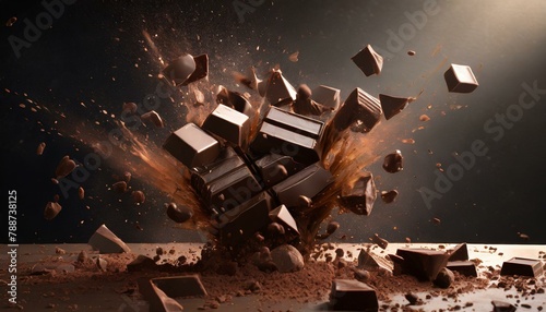 Dynamic explosion of chocolate pieces with dramatic lighting photo