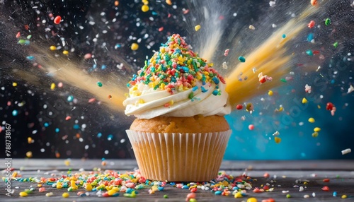 Dynamic exploding cupcake with colorful sprinkles in mid-air