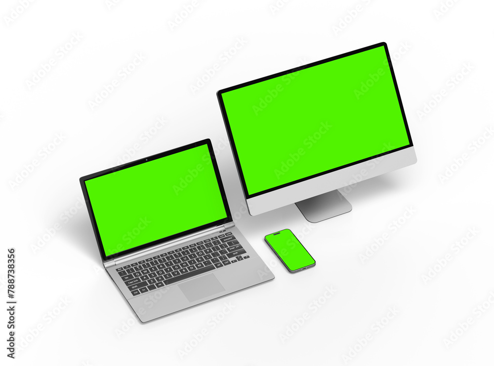 Render of desktop, laptop and smartphone with greenscreen on a light background Render of desktop, laptop and smartphone with greenscreen on a light background