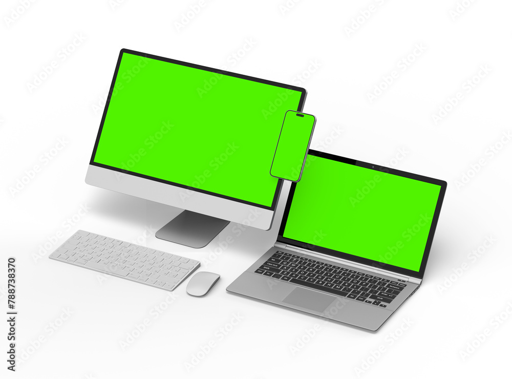 Render of desktop, laptop and smartphone with greenscreen on a light background Render of desktop, laptop and smartphone with greenscreen on a light background