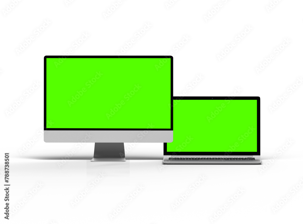 3d render of desktop and laptop with green screen on a light background 3d render of desktop and laptop with green screen on a light background